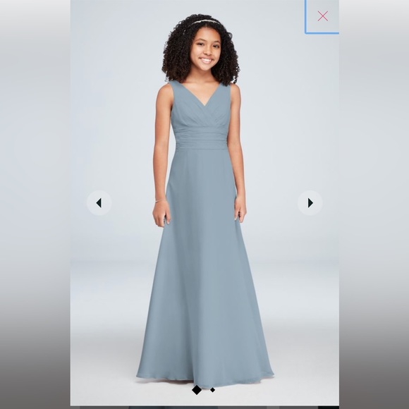 High Neck Slit Detail Long Junior Bridesmaid Dress Dusty Blue